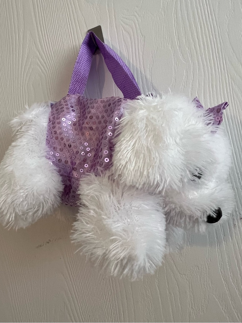 Plush White Puppy Bag with Lavender Sequin Back